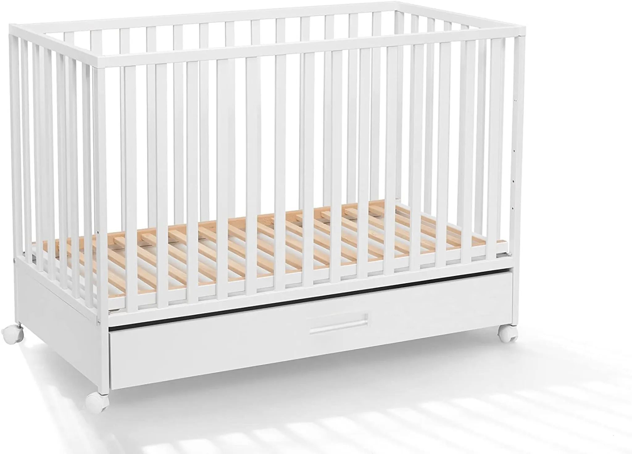 ATB MEBLE Babybett mit Schublade , LUX KOLLEKTION , Beistellbett Baby , Kinderbett mit Rädern, drei Ebenen der Matratzenhöhe 120 x 60 cm , Weiß