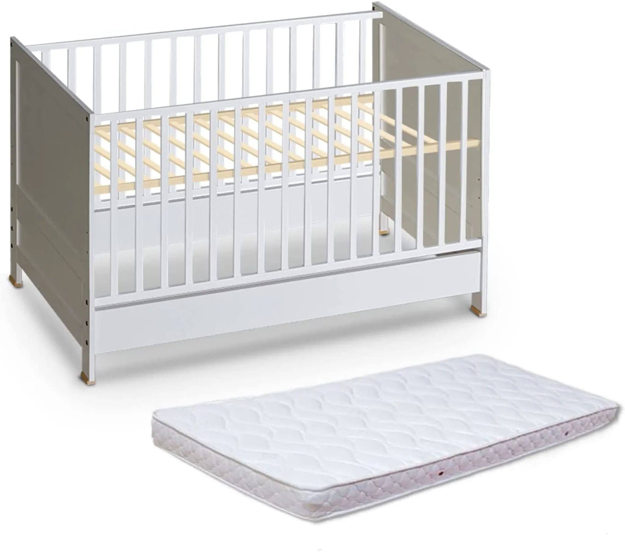 ATB MEBLE Babybett mit Matratze , Beistellbett Baby , Bett Baby Mitwachsend , Kinderbett umbaubar , 4 Ebenen der Matratzenhöhe  , 140×70 Weiß
